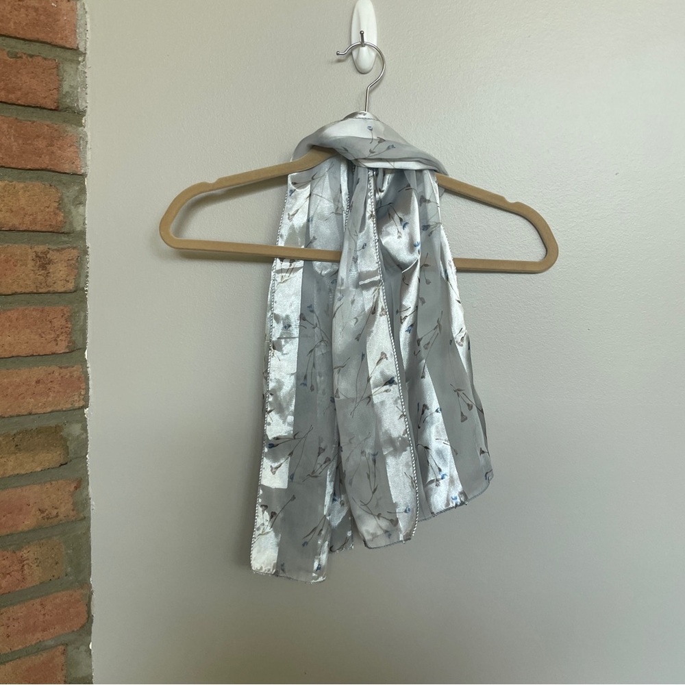Scarf Silver with Blue Flowers Approx 60”